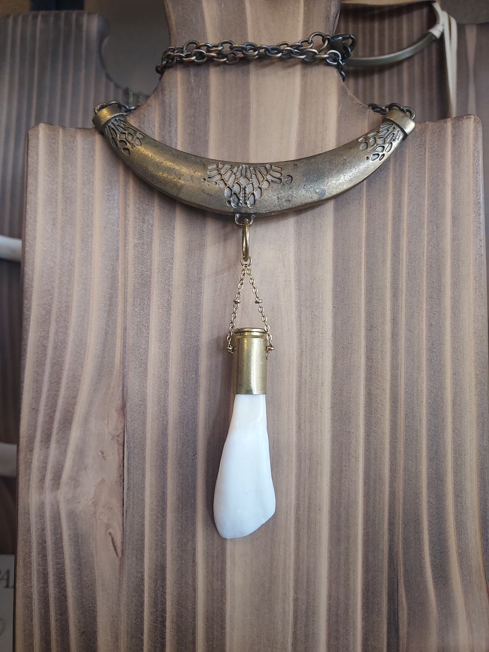 Antique Brass Statement Necklace with White Real Buffalo Tooth Pendant